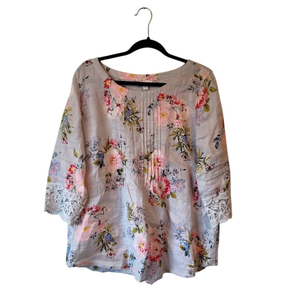 J. Jill Floral Linen Blend Peasant Blouse in Pink, Green, Blue